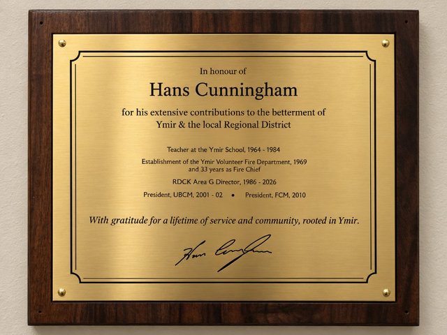 Brass commemorative plaque on walnut wood honoring Hans Cunningham