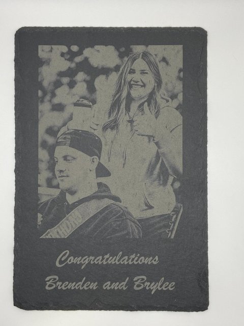 Natural slate plaque with a photo and congratulations for Brenden and Brylee laser engraved
